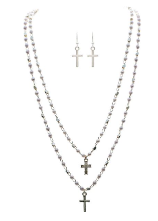 Faux Pearl Cross Charm Necklace Set