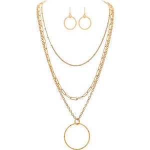 Gold Circle Pendant 3 Chain Necklace Set