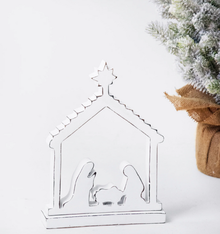 White Enamel Mango Wood Nativity Scene